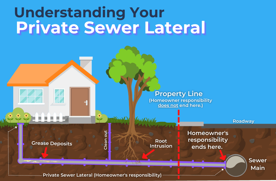 Diagram of a private sewer lateral from the house to the sewer main, showing grease deposits, root intrusion and the cleanout; the homeowner's responsibility runs past the property line to the main.